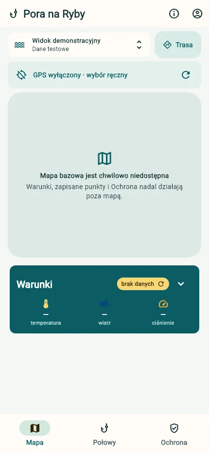 Rzeczywisty widok Mapa we Flutterze: demonstracyjna woda, brak lokalizacji i brak danych sieciowych.